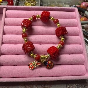 South Red Agate phoenix peony flower four-sided carved beads bracelet